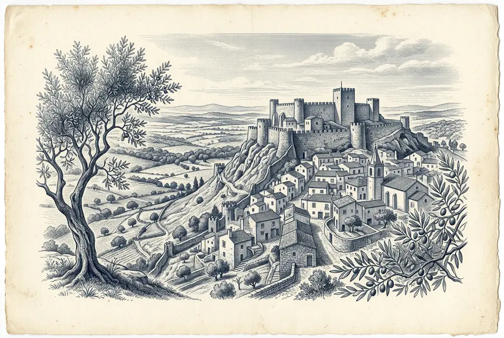 Gravure d’un château de l’Alentejo entre les oliviers